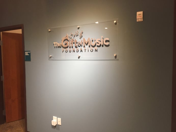 Acrylic-Lobby-Sign-Standoffs-Gift-of-Music, 3-D Letters on Polished Acrylic Panel with Standoffs