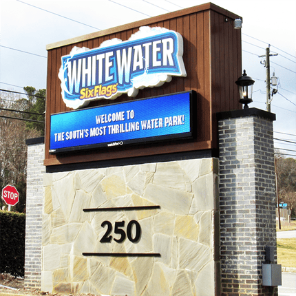 Six Flags Whitewater EMC Logo Box Masonry Monument Sign