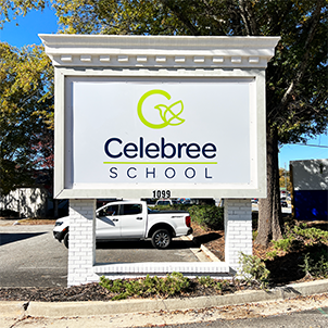 Monument sign for Celebree School at 1099, designed and installed by Marietta Signs in Marietta, GA.