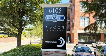 Refurbished multi-tenant monument sign for Bluestone, Ascot Diamonds, and Decision Digital in Atlanta, GA.